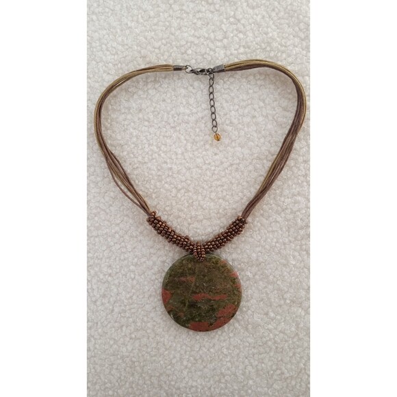 Natural Unakite Jasper Pendant Necklace w Bronze Seed Beads 14-15.5 in - Picture 2 of 7